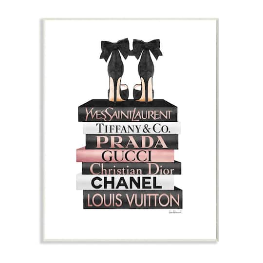 Stupell Industries Elegant Black Bow Heals on Glam Designer Bookstack Wood Wall Plaque